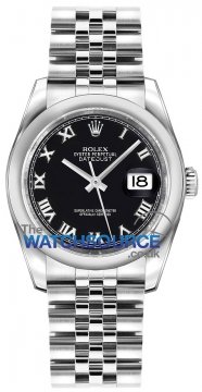Buy this new Rolex Datejust 36mm Stainless Steel 116200 Black Roman Jubilee midsize watch for the discount price of £5,960.00. UK Retailer.