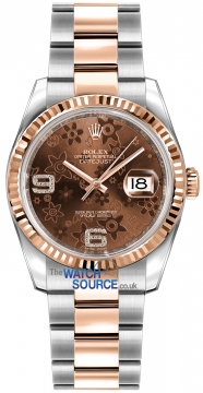 Buy this new Rolex Datejust 36mm Stainless Steel and Rose Gold 116231 Chocolate Floral Oyster midsize watch for the discount price of £10,250.00. UK Retailer.