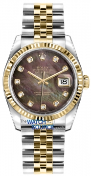 Buy this new Rolex Datejust 36mm Stainless Steel and Yellow Gold 116233 Black MOP Diamond Jubilee midsize watch for the discount price of &pound;12,050.00. UK Retailer.