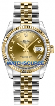Buy this new Rolex Datejust 36mm Stainless Steel and Yellow Gold 116233 Champagne Roman Jubilee midsize watch for the discount price of £8,550.00. UK Retailer.
