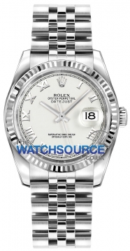 Buy this new Rolex Datejust 36mm Stainless Steel 116234 White Roman Jubilee midsize watch for the discount price of £7,005.00. UK Retailer.