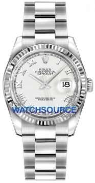 Buy this new Rolex Datejust 36mm Stainless Steel 116234 White Roman Oyster midsize watch for the discount price of £6,953.00. UK Retailer.