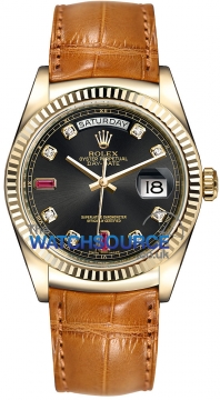 Buy this new Rolex Day-Date 36mm Yellow Gold Fluted Bezel 118138 Black Diamond Ruby Leather midsize watch for the discount price of £20,444.00. UK Retailer.