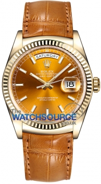Buy this new Rolex Day-Date 36mm Yellow Gold Fluted Bezel 118138 Cognac Index Leather midsize watch for the discount price of &pound;17,950.00. UK Retailer.
