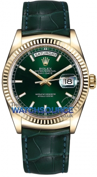 Buy this new Rolex Day-Date 36mm Yellow Gold Fluted Bezel 118138 Green Index Leather midsize watch for the discount price of £17,950.00. UK Retailer.