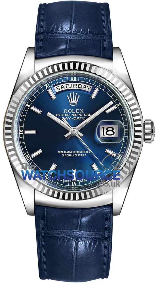 Rolex Day Date 36mm White Gold Fluted Bezel 118139 Blue Index Leather