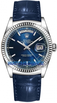 Buy this new Rolex Day-Date 36mm White Gold Fluted Bezel 118139 Blue Index Leather midsize watch for the discount price of £19,131.00. UK Retailer.