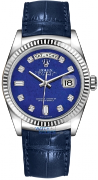 Buy this new Rolex Day-Date 36mm White Gold Fluted Bezel 118139 Lapis Lazuli Diamond Leather midsize watch for the discount price of £25,416.00. UK Retailer.