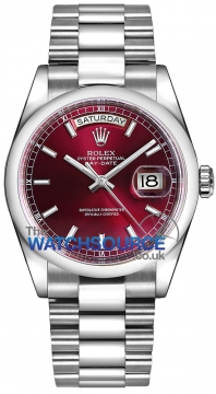 Buy this new Rolex Day-Date 36mm Platinum Domed Bezel 118206 Cherry Index President midsize watch for the discount price of £46,573.00. UK Retailer.