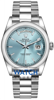 Buy this new Rolex Day-Date 36mm Platinum Domed Bezel 118206 Ice Blue Index President midsize watch for the discount price of £46,573.00. UK Retailer.