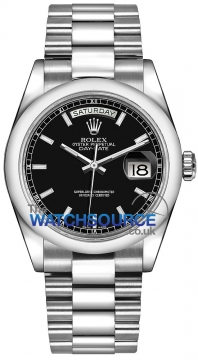Buy this new Rolex Day-Date 36mm Platinum Domed Bezel 118206 Black Index President midsize watch for the discount price of £46,573.00. UK Retailer.