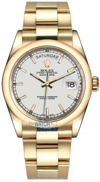 Buy this new Rolex Day-Date 36mm Yellow Gold Domed Bezel 118208 White Index President midsize watch for the discount price of £25,248.00. UK Retailer.