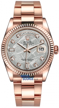 Buy this new Rolex Day-Date 36mm Everose Gold Fluted Bezel 118235 Meteorite Diamond Oyster midsize watch for the discount price of £32,582.00. UK Retailer.