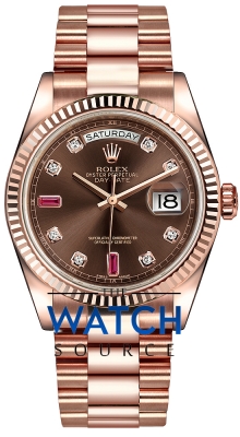 Buy this new Rolex Day-Date 36mm Everose Gold Fluted Bezel 118235 Chocolate Diamond Ruby President midsize watch for the discount price of £30,046.00. UK Retailer.