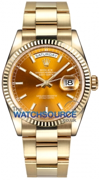 Buy this new Rolex Day-Date 36mm Yellow Gold Fluted Bezel 118238 Cognac Index Oyster midsize watch for the discount price of £24,203.00. UK Retailer.
