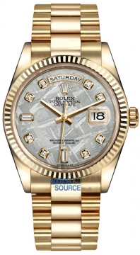 Buy this new Rolex Day-Date 36mm Yellow Gold Fluted Bezel 118238 Meteorite Diamond President midsize watch for the discount price of £31,700.00. UK Retailer.