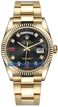 Buy this new Rolex Day-Date 36mm Yellow Gold Fluted Bezel 118238 Black Diamond Ruby Oyster midsize watch for the discount price of £26,628.00. UK Retailer.
