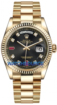 Buy this new Rolex Day-Date 36mm Yellow Gold Fluted Bezel 118238 Black Diamond Ruby President midsize watch for the discount price of £27,841.00. UK Retailer.