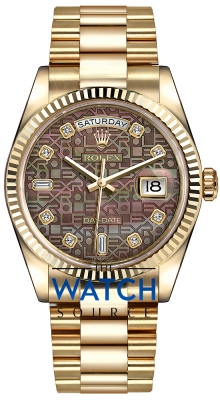 Buy this new Rolex Day-Date 36mm Yellow Gold Fluted Bezel 118238 Black MOP Jubilee Diamond President midsize watch for the discount price of £29,274.00. UK Retailer.