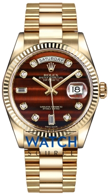 Buy this new Rolex Day-Date 36mm Yellow Gold Fluted Bezel 118238 Bulls Eye Diamond President midsize watch for the discount price of £31,700.00. UK Retailer.