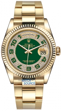 Buy this new Rolex Day-Date 36mm Yellow Gold Fluted Bezel 118238 Green Pave Diamond Arabic President midsize watch for the discount price of £36,824.00. UK Retailer.