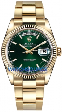 Buy this new Rolex Day-Date 36mm Yellow Gold Fluted Bezel 118238 Green Index Oyster midsize watch for the discount price of £24,203.00. UK Retailer.