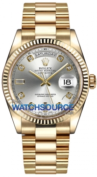 Buy this new Rolex Day-Date 36mm Yellow Gold Fluted Bezel 118238 Silver Diamond President midsize watch for the discount price of &pound;27,841.00. UK Retailer.