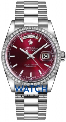 Buy this new Rolex Day-Date 36mm Platinum Diamond Bezel 118346 Cherry Index President midsize watch for the discount price of &pound;57,609.00. UK Retailer.