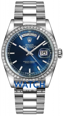 Buy this new Rolex Day-Date 36mm Platinum Diamond Bezel 118346 Blue Index President midsize watch for the discount price of £57,609.00. UK Retailer.