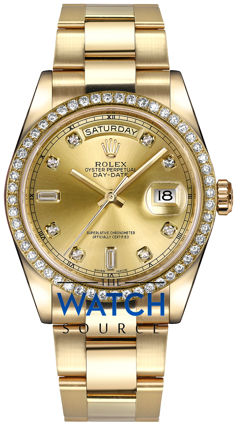 Rolex Day,Date 36mm Yellow Gold Diamond Bezel 118348 Champagne Diamond Oyster