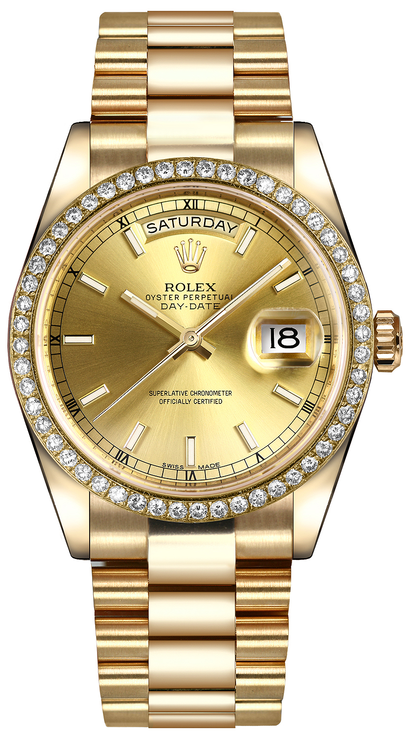 Buy this new Rolex Day Date 36mm Yellow Gold Diamond Bezel 118348 Champagne Index President midsize watch for the discount price of 36 603.00. UK Retailer