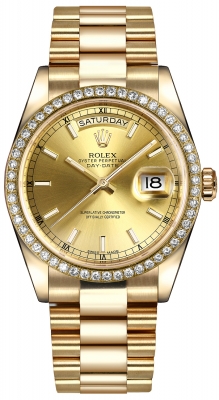 Buy this new Rolex Day-Date 36mm Yellow Gold Diamond Bezel 118348 Champagne Index President midsize watch for the discount price of £36,603.00. UK Retailer.