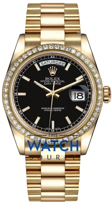 Buy this new Rolex Day-Date 36mm Yellow Gold Diamond Bezel 118348 Black Index President midsize watch for the discount price of £36,603.00. UK Retailer.