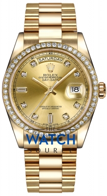Buy this new Rolex Day-Date 36mm Yellow Gold Diamond Bezel 118348 Champagne Diamond President midsize watch for the discount price of £39,029.00. UK Retailer.