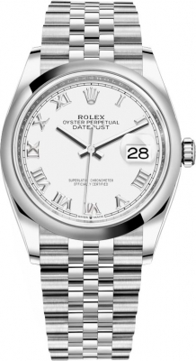 Buy this new Rolex Datejust 36mm Stainless Steel 126200 White Roman Jubilee midsize watch for the discount price of £8,032.00. UK Retailer.