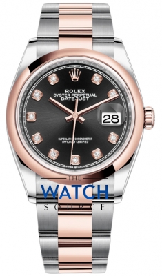 Buy this new Rolex Datejust 36mm Stainless Steel and Rose Gold 126201 Black Diamond Oyster ladies watch for the discount price of £14,050.00. UK Retailer.