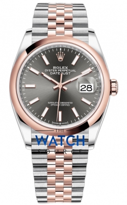 Buy this new Rolex Datejust 36mm Stainless Steel and Rose Gold 126201 Dark Rhodium Index Jubilee ladies watch for the discount price of £12,500.00. UK Retailer.