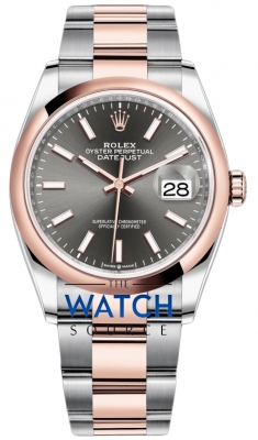 Buy this new Rolex Datejust 36mm Stainless Steel and Rose Gold 126201 Dark Rhodium Index Oyster ladies watch for the discount price of £12,100.00. UK Retailer.