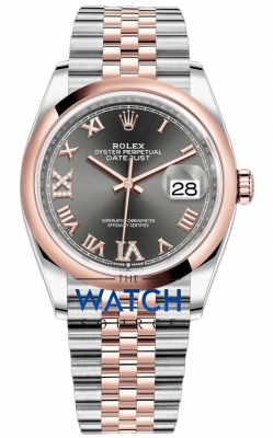 Buy this new Rolex Datejust 36mm Stainless Steel and Rose Gold 126201 Dark Rhodium VI IX Roman Jubilee ladies watch for the discount price of £15,100.00. UK Retailer.