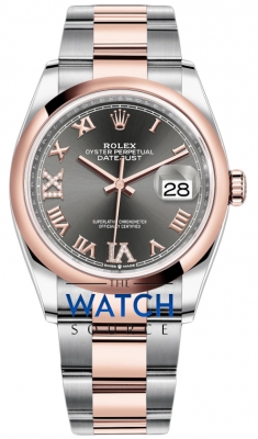 Buy this new Rolex Datejust 36mm Stainless Steel and Rose Gold 126201 Dark Rhodium VI IX Roman Oyster ladies watch for the discount price of £14,500.00. UK Retailer.