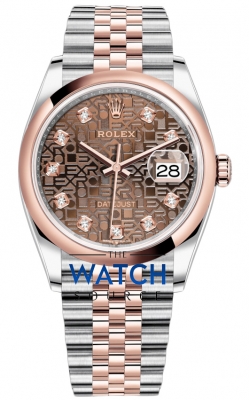 Buy this new Rolex Datejust 36mm Stainless Steel and Rose Gold 126201 Jubilee Chocolate Diamond Jubilee ladies watch for the discount price of £14,700.00. UK Retailer.