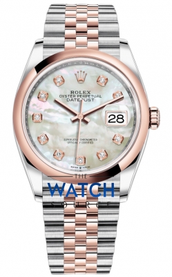 Buy this new Rolex Datejust 36mm Stainless Steel and Rose Gold 126201 MOP Diamond Jubilee ladies watch for the discount price of £15,300.00. UK Retailer.