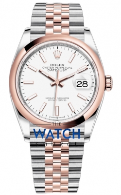 Buy this new Rolex Datejust 36mm Stainless Steel and Rose Gold 126201 White Index Jubilee ladies watch for the discount price of £12,500.00. UK Retailer.