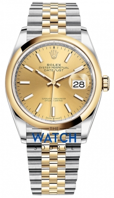 Buy this new Rolex Datejust 36mm Stainless Steel and Yellow Gold 126203 Champagne Index Jubilee ladies watch for the discount price of £12,400.00. UK Retailer.