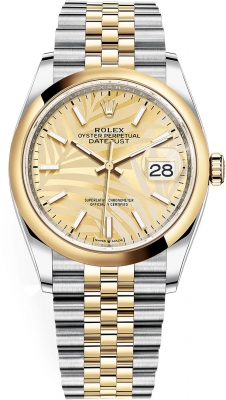 Buy this new Rolex Datejust 36mm Stainless Steel and Yellow Gold 126203 Golden Palm Jubilee ladies watch for the discount price of - Please Call for Price. UK Retailer.
