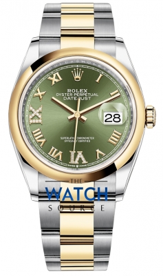 Buy this new Rolex Datejust 36mm Stainless Steel and Yellow Gold 126203 Olive Green VI IX Roman Oyster ladies watch for the discount price of £14,200.00. UK Retailer.