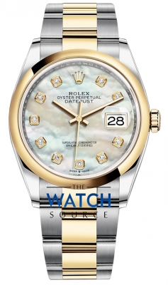 Buy this new Rolex Datejust 36mm Stainless Steel and Yellow Gold 126203 MOP Diamond Oyster ladies watch for the discount price of £14,200.00. UK Retailer.