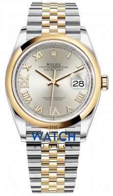 Buy this new Rolex Datejust 36mm Stainless Steel and Yellow Gold 126203 Silver VI IX Roman Jubilee ladies watch for the discount price of £14,900.00. UK Retailer.