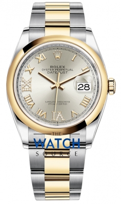 Buy this new Rolex Datejust 36mm Stainless Steel and Yellow Gold 126203 Silver VI IX Roman Oyster ladies watch for the discount price of £14,200.00. UK Retailer.