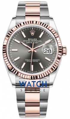 Buy this new Rolex Datejust 36mm Stainless Steel and Rose Gold 126231 Dark Rhodium Index Oyster ladies watch for the discount price of £12,700.00. UK Retailer.